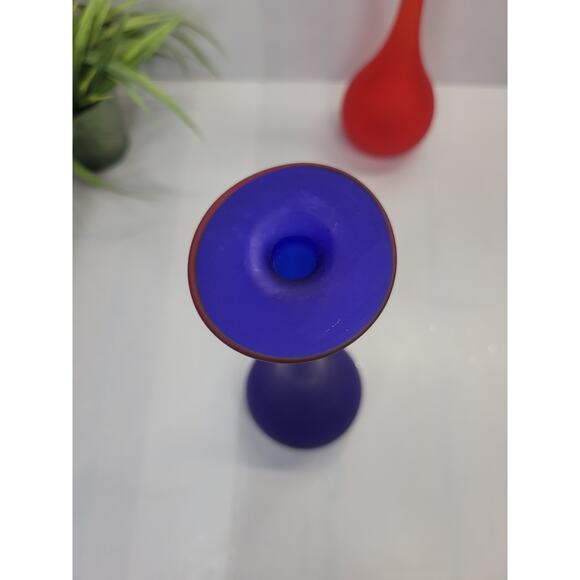 2 Vintage Carlo Moretti Art Glass Vases Red 11", Colbalt Blue 12" Satin - Picture 3 of 7